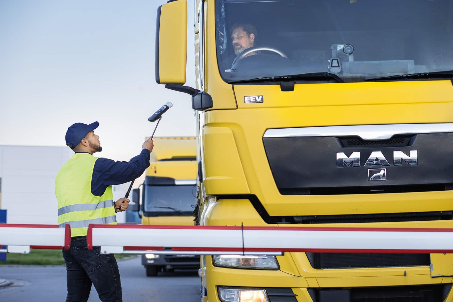 Truck driver has to do a quick alcohol test with the Alcotest 5000 attached to the Selfie Stick