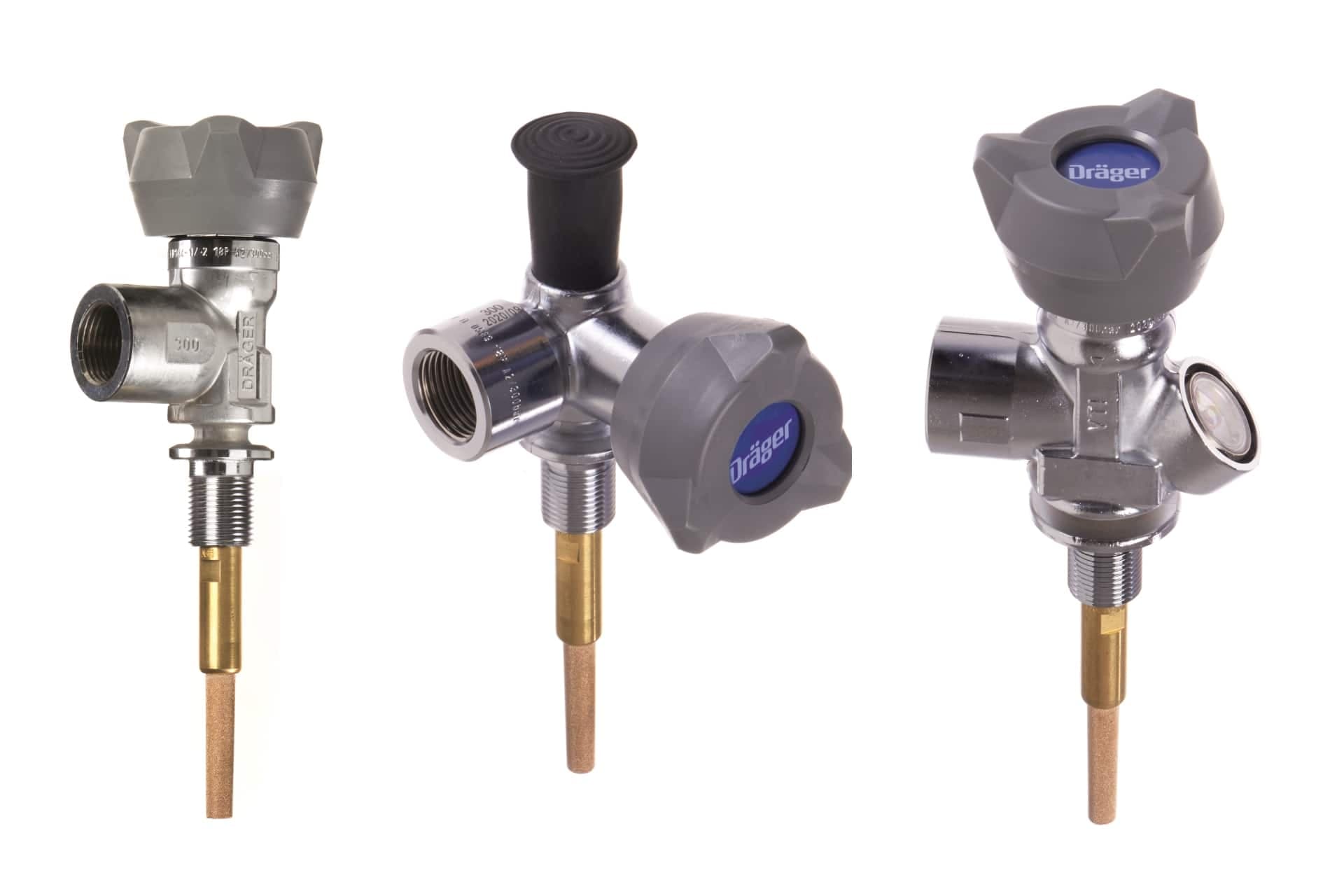 Valves, EN144-2018, 200 / 300 bar: inline valve with excess flow valve; right-angled valve with excess flow valve; inline valve with gauge Indicator and excess flow valve