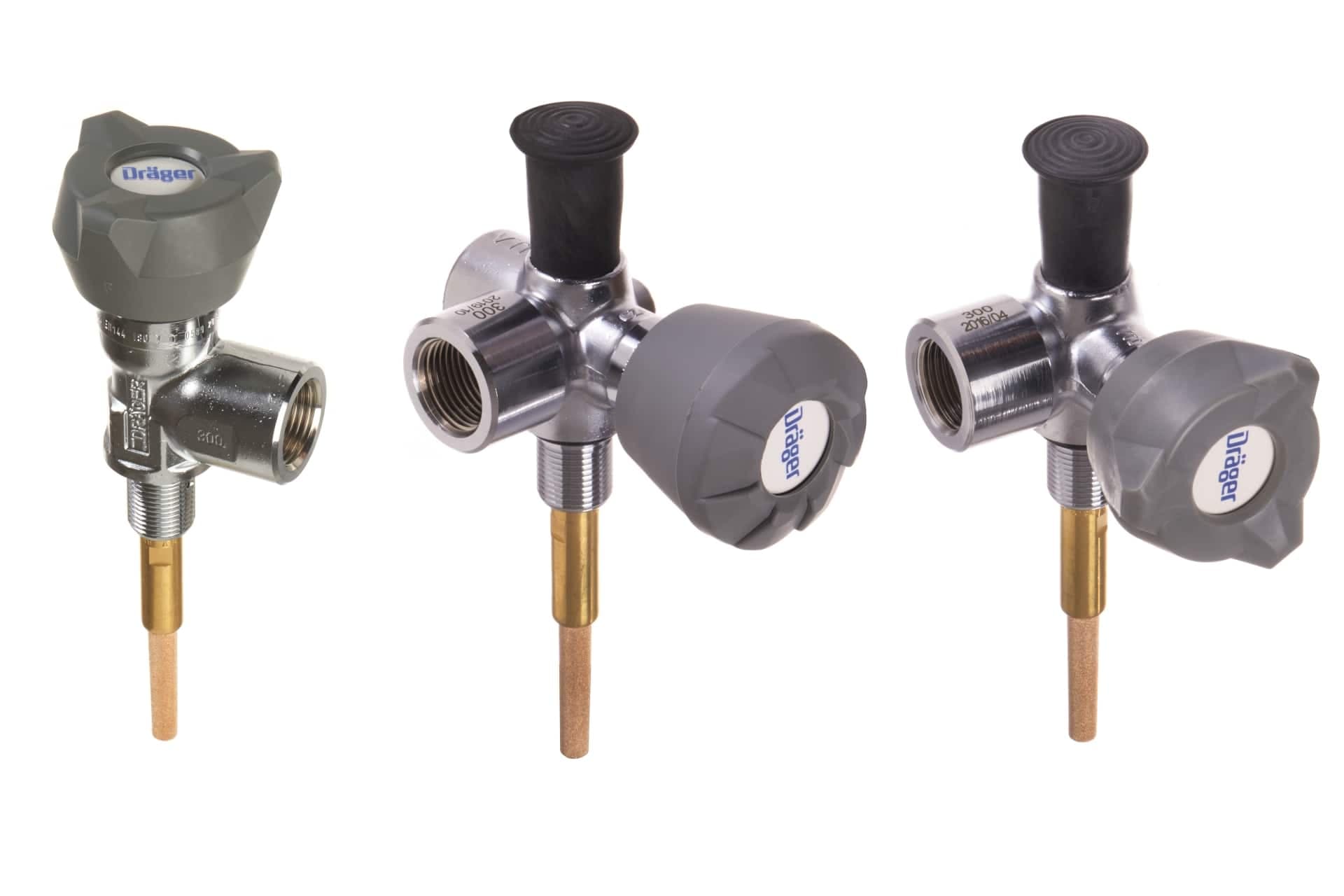 Valves,EN144-2005, 200 / 300 bar: inline valve with excess flow valve; right-angled valve with excess flow valve and ratchet mechanism; right-angled valve with excess flow valve