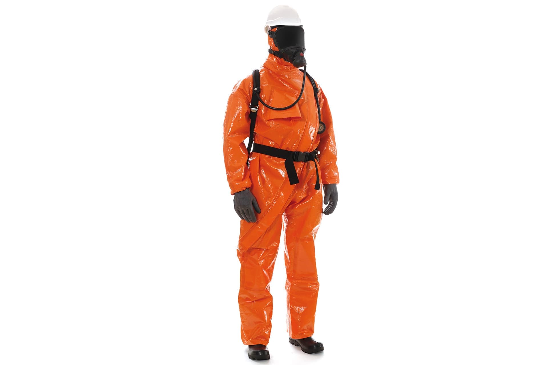 The Dräger CPS 5800 is a limited-use gas-tight suit with SCBA worn over the protective suit.