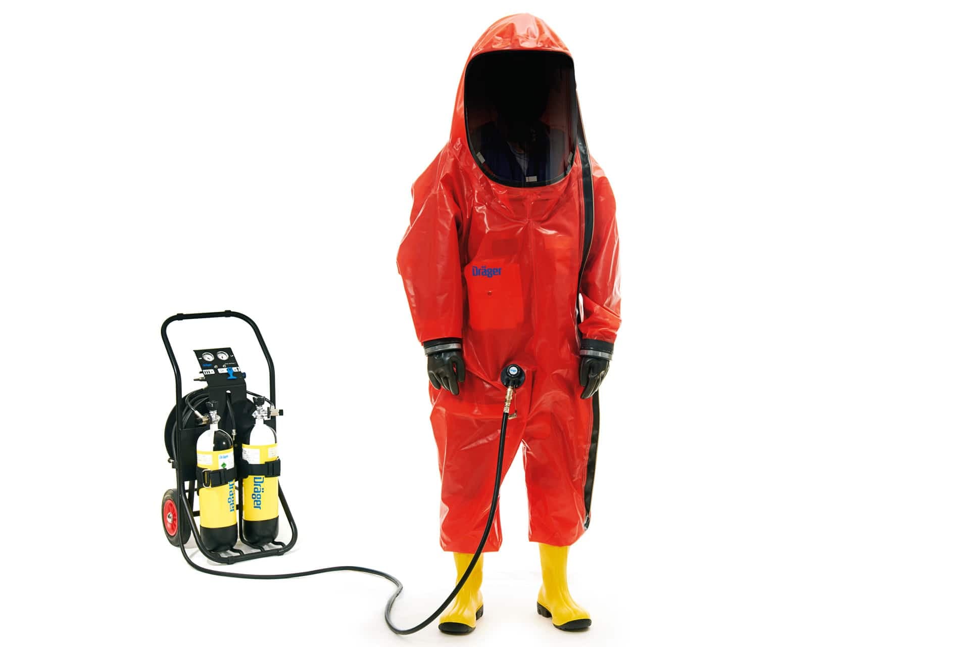 The hazmat suit can be connected to an external air source to supply you with additional breathing air.
