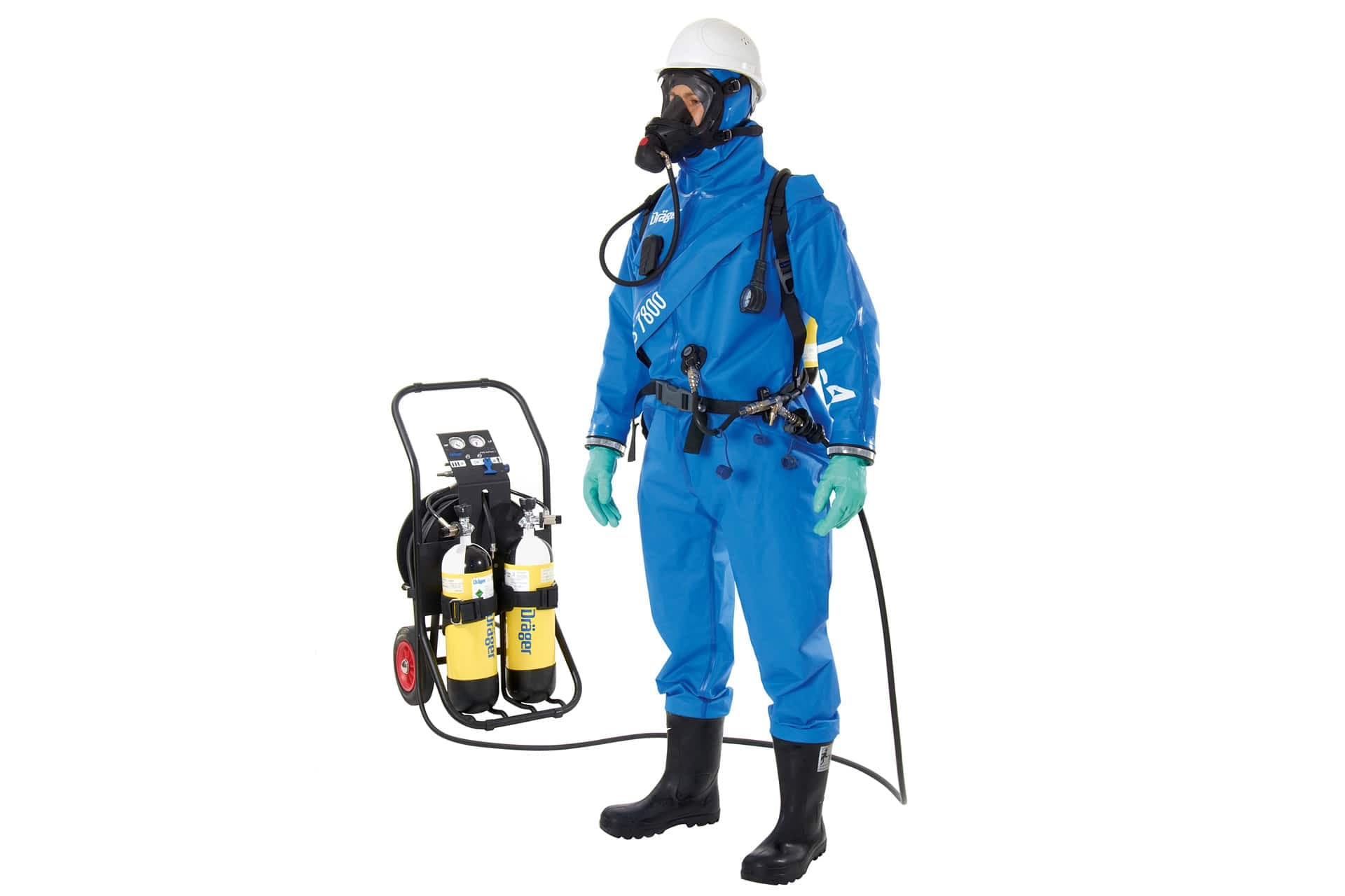 The reusable gas-tight suit can be used with SCBA worn outside, but can also be connected to different breathing air sources.
