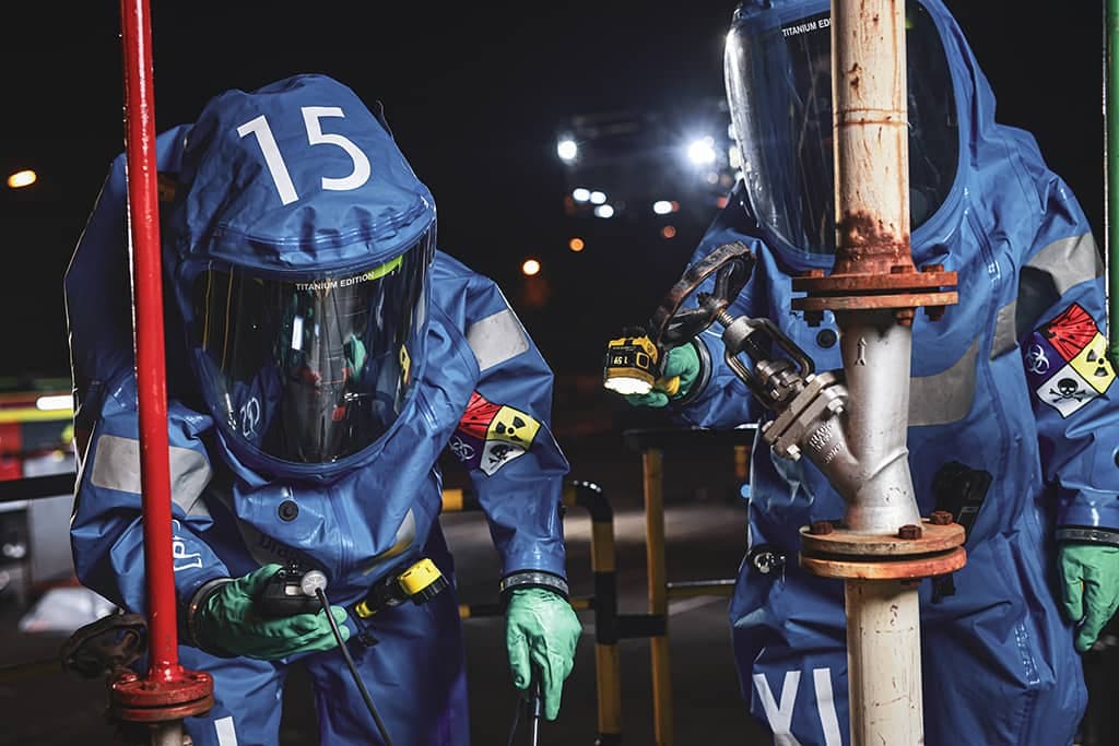The hazmat suit can be used in explosive areas and for handling cryogenic substances.