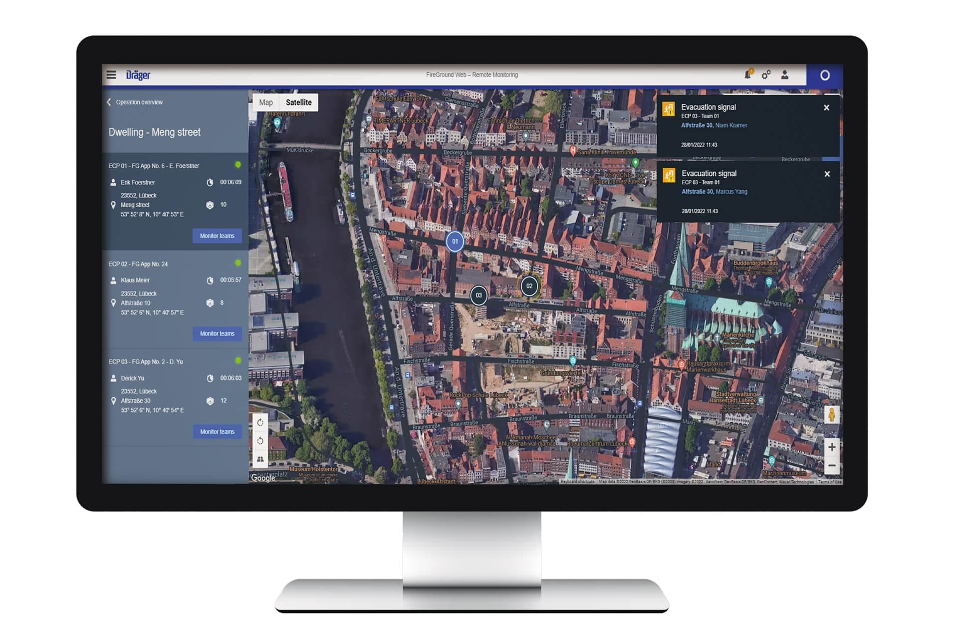 The Dräger FireGround Web enables real time remote monitoring via cloud. It also supports post incident analysis of all relevant data.