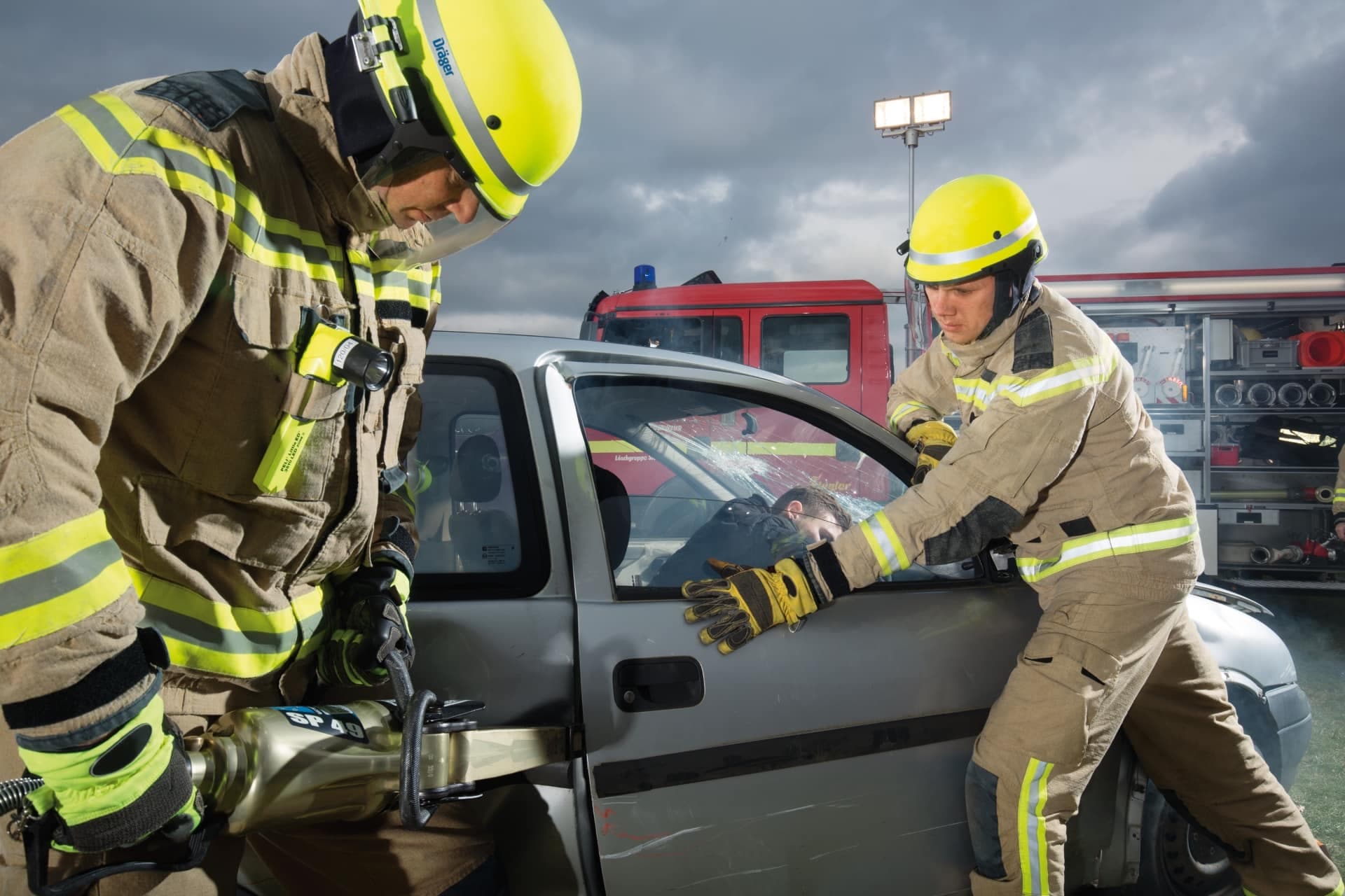 Firefighters with HPS 4500 half-shell helmets during technical rescue