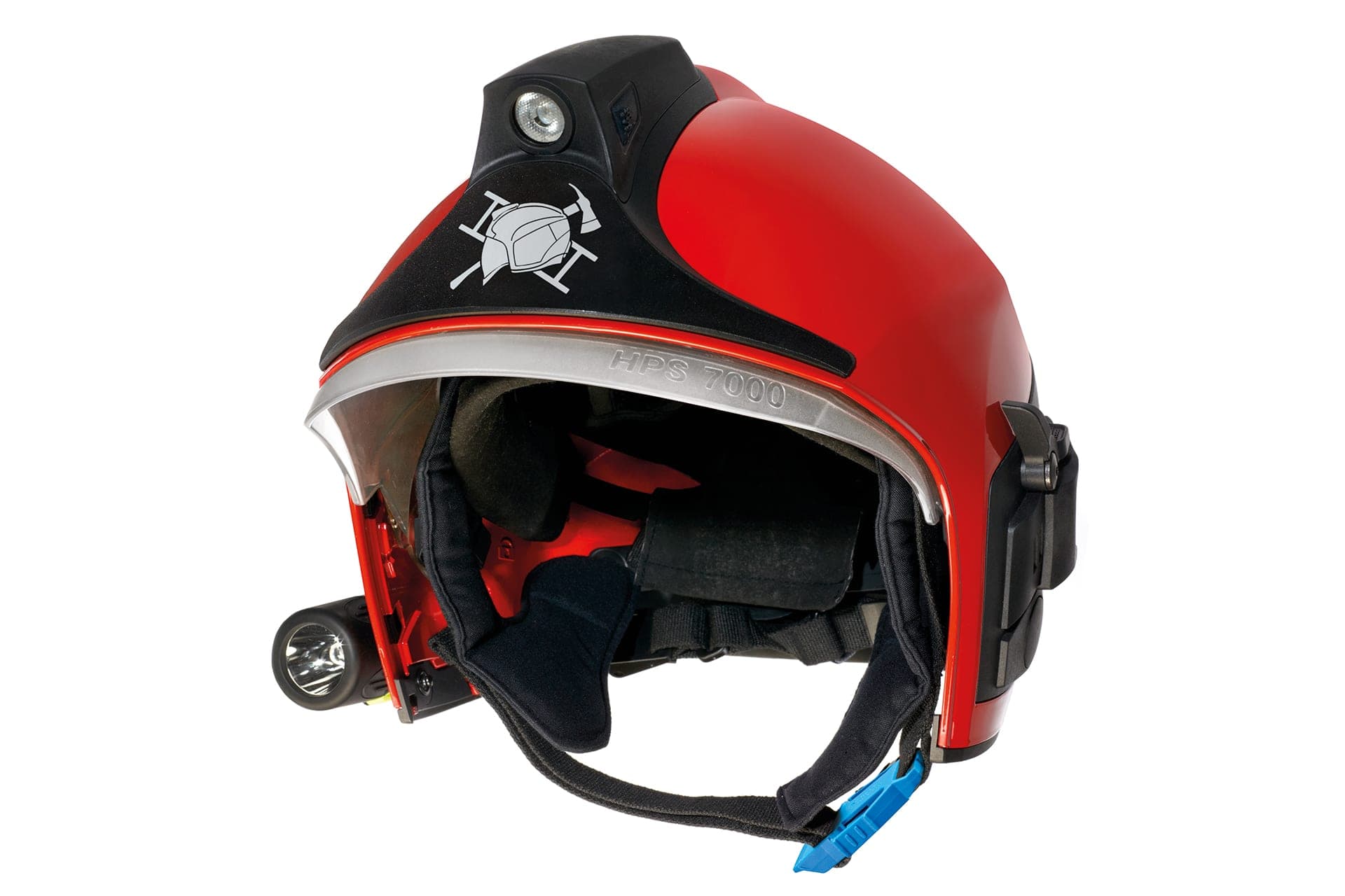 Firefighting helmet Dräger HPS PRO with integrated 3W high-performance lamp Dräger HPS FlashLight with LED technology and standard helmet lamp on the side