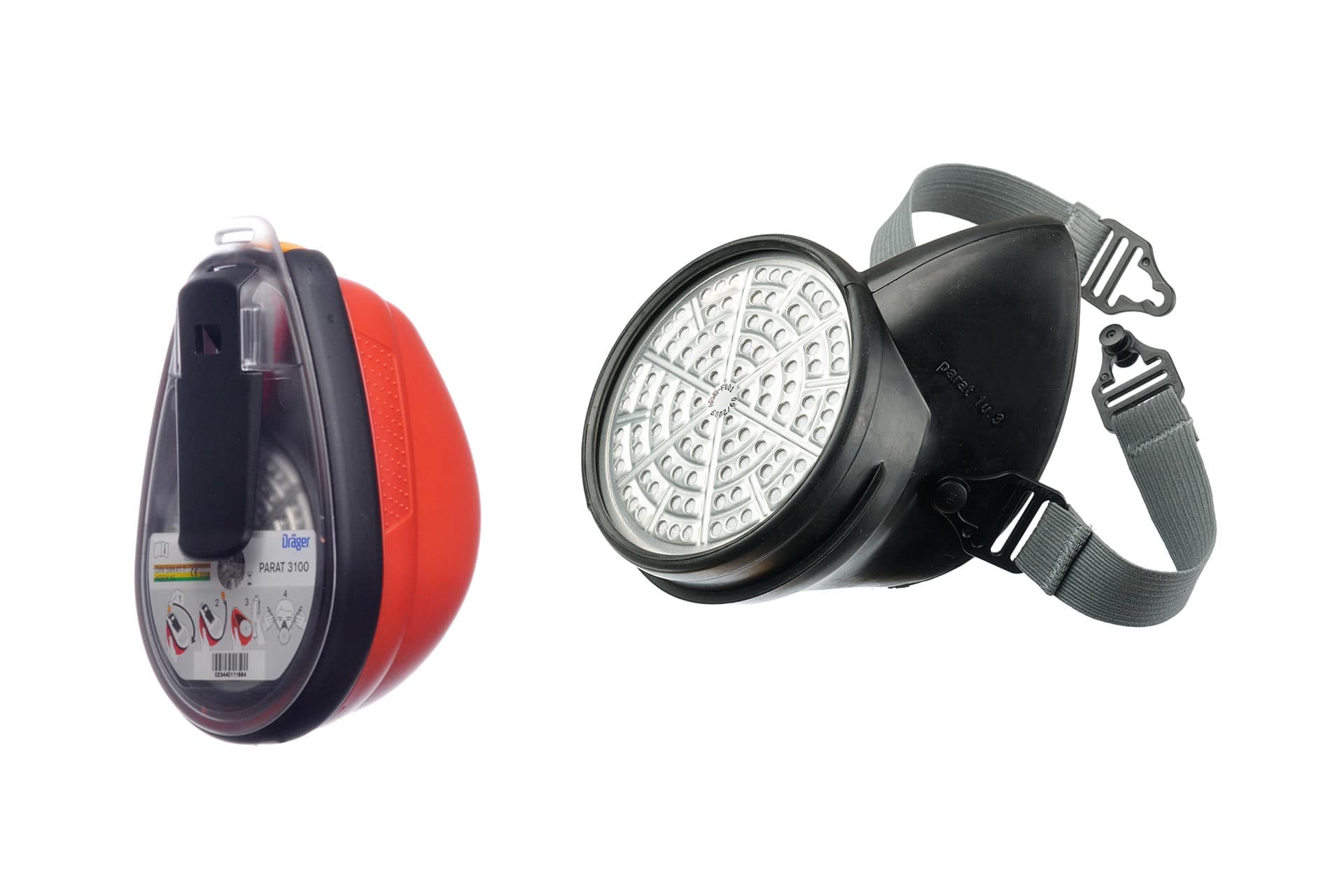 The Dräger Parat 3100 escape respirator is a half mask with integrated filter, and comes in a robust case.