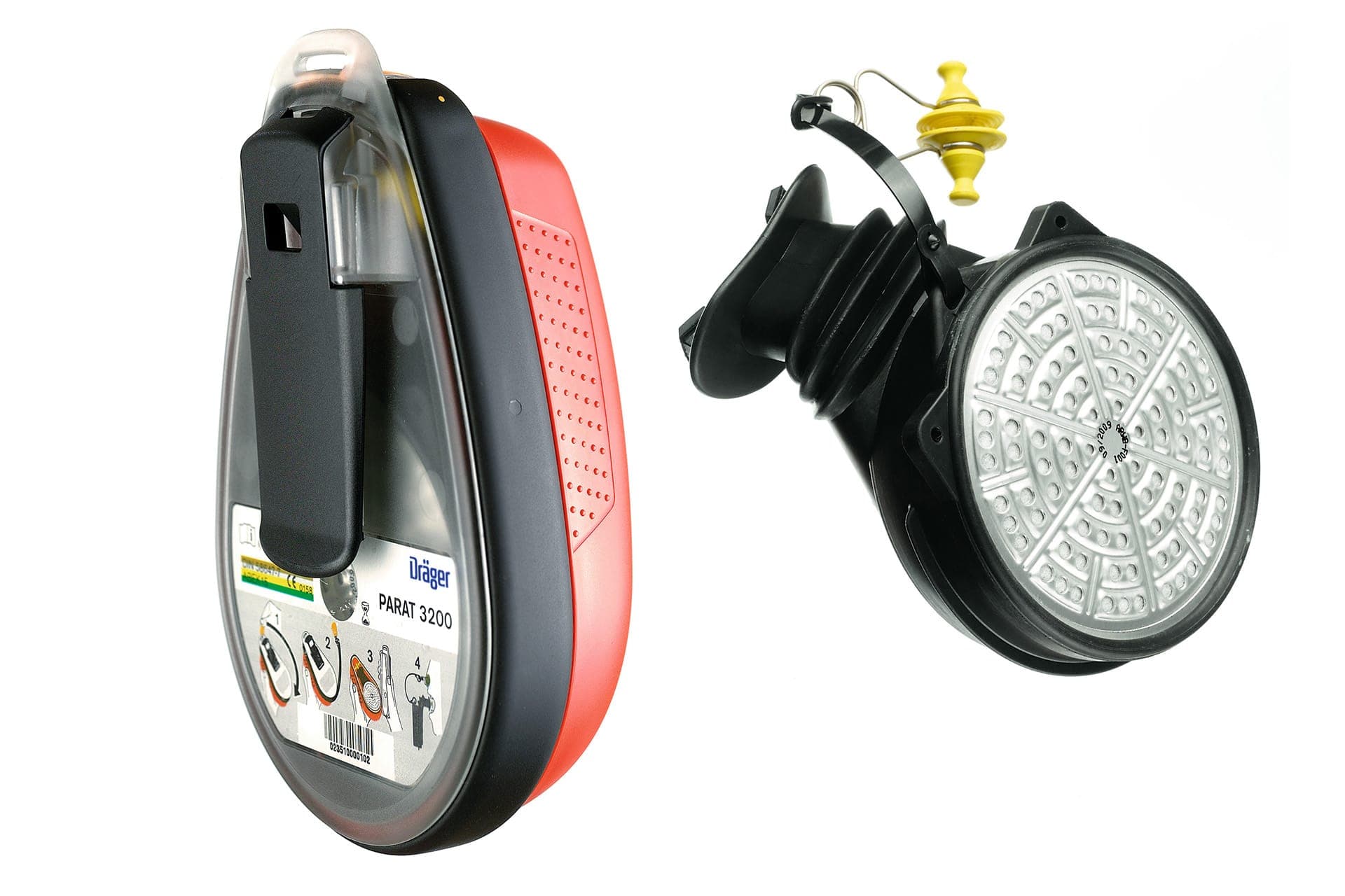 The Dräger Parat 3200 escape respirator is a mouthpiece with nose clip and integrated filter, and comes in a robust case.