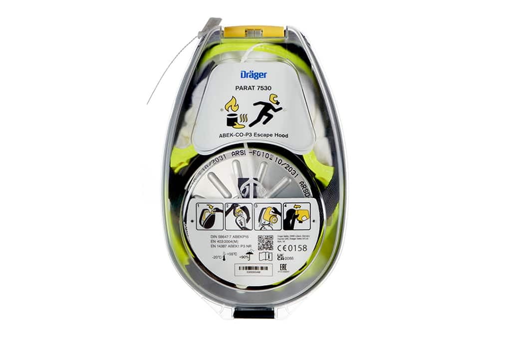 The escape hood packed in a hard case provides splash water protection according to IP54.