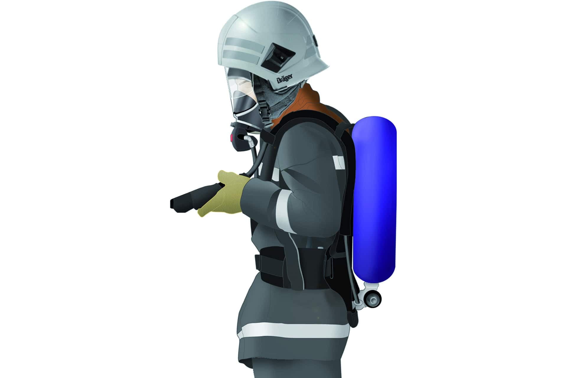 Fire fighter checking electronic control unit as a component of Dräger PSS Merlin System