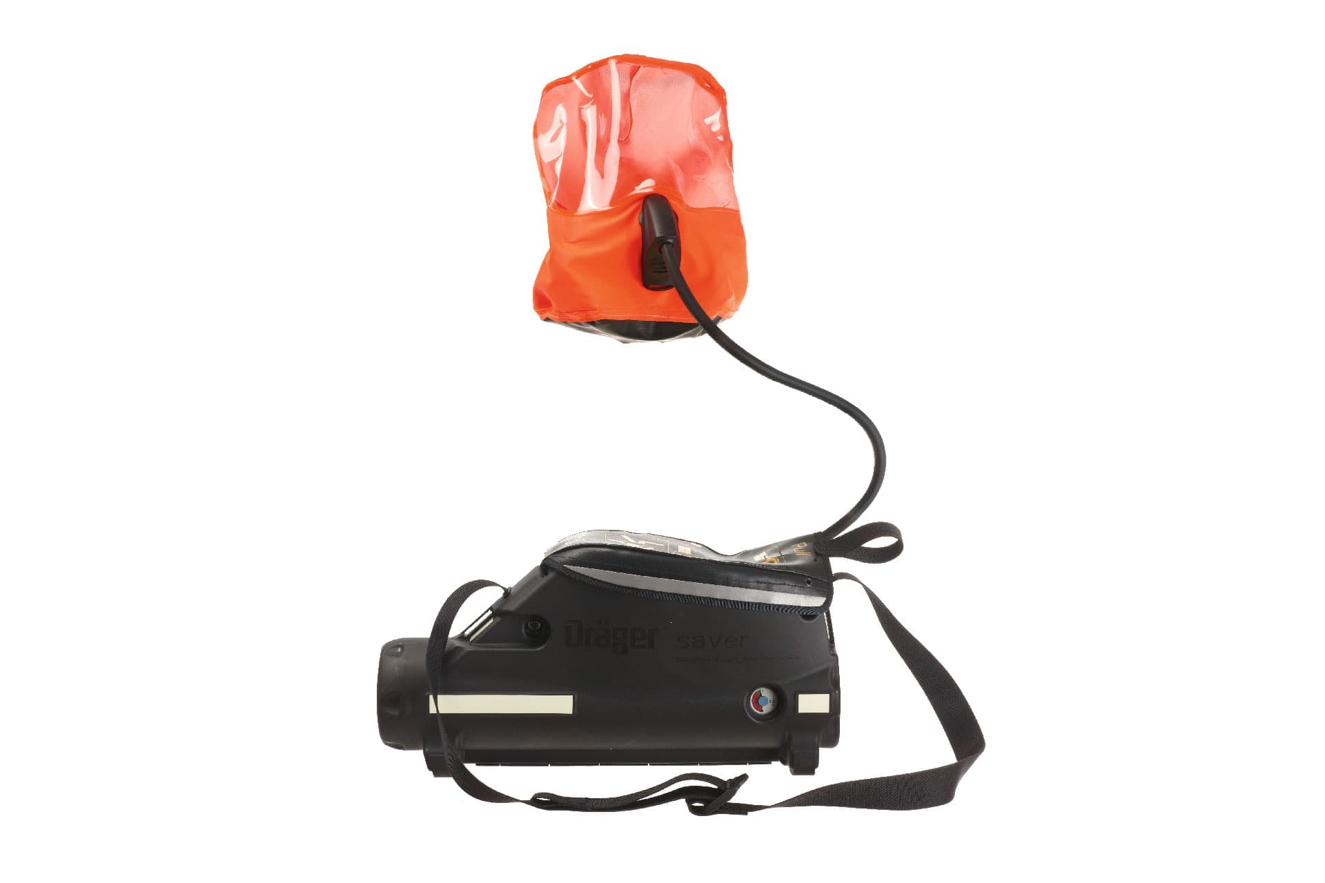 The constant flow escape respirator Saver CF is equipped with a protective hood and a compressed air cylinder.
