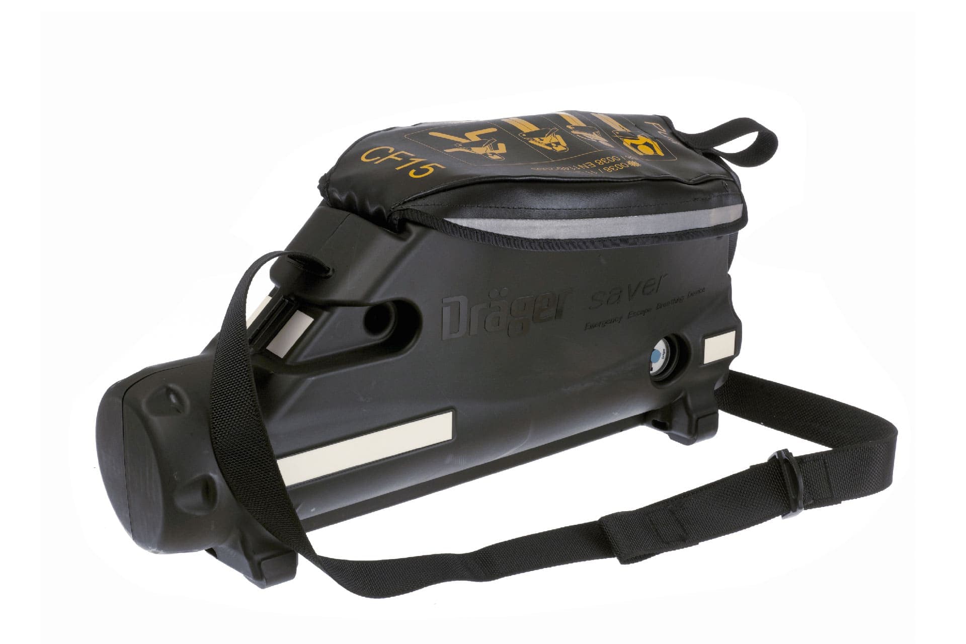 The robust packaging protects the escape respirator.