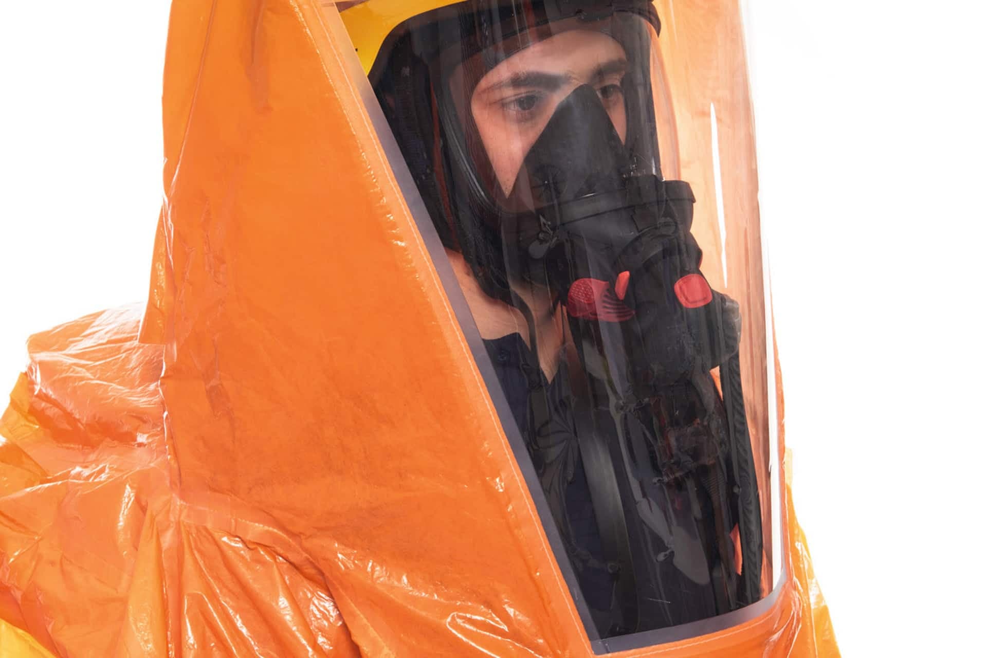 The SPC 4900 splash suit features an extra-large hood with a visor. The suit is used with a full-face mask in combination with an SCBA.