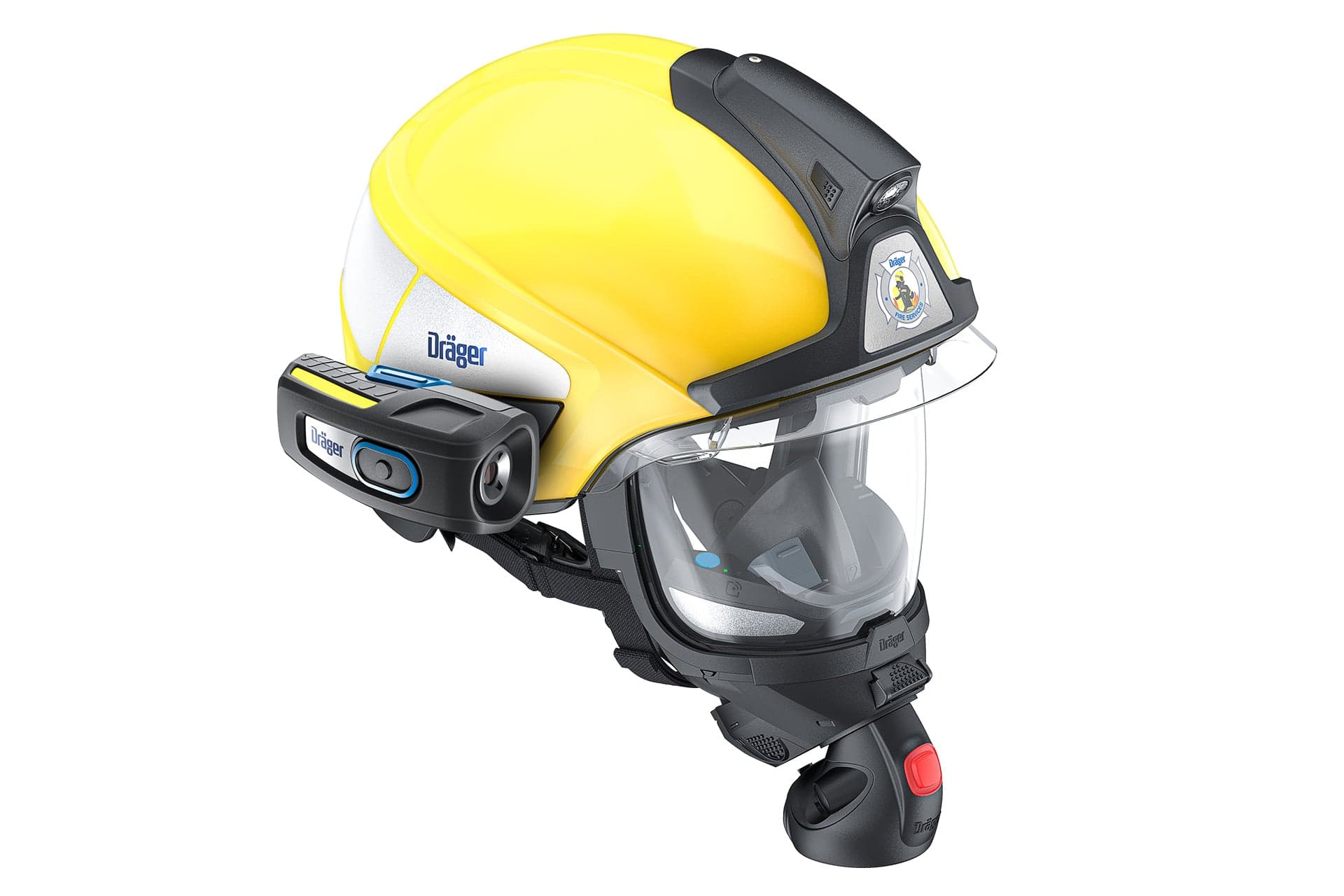 Dräger UCF FireCore thermal imaging camera, mounted on the HPS SafeGuard helmet and FPS In-mask Display, inserted in the FPS 7000 full-face mask