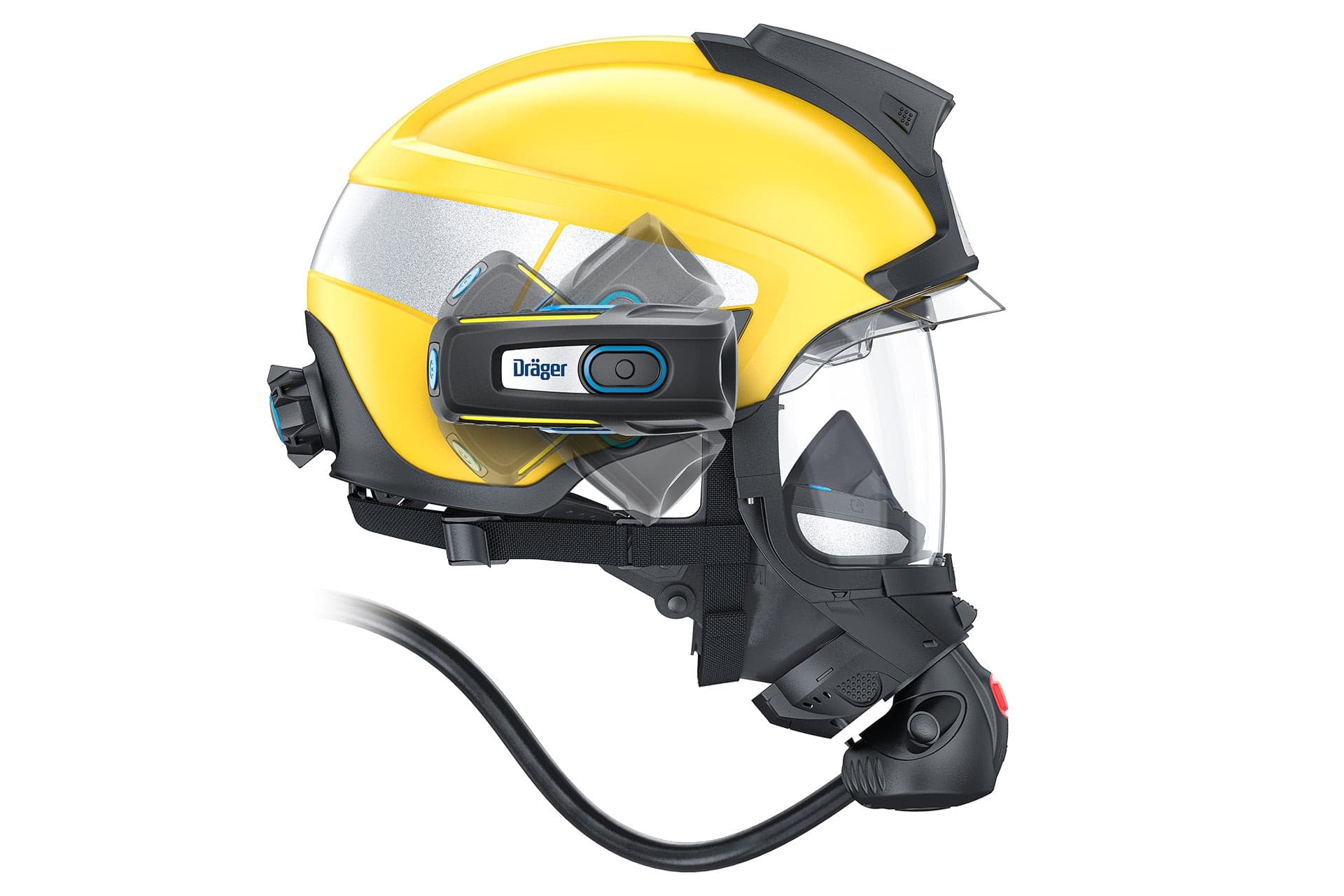 Flexibly adjustable viewing angle of the UCF FireCore thermal imaging camera mounted on the HPS SafeGuard helmet and FPS In-mask Display with the FPS 7000 full-face mask