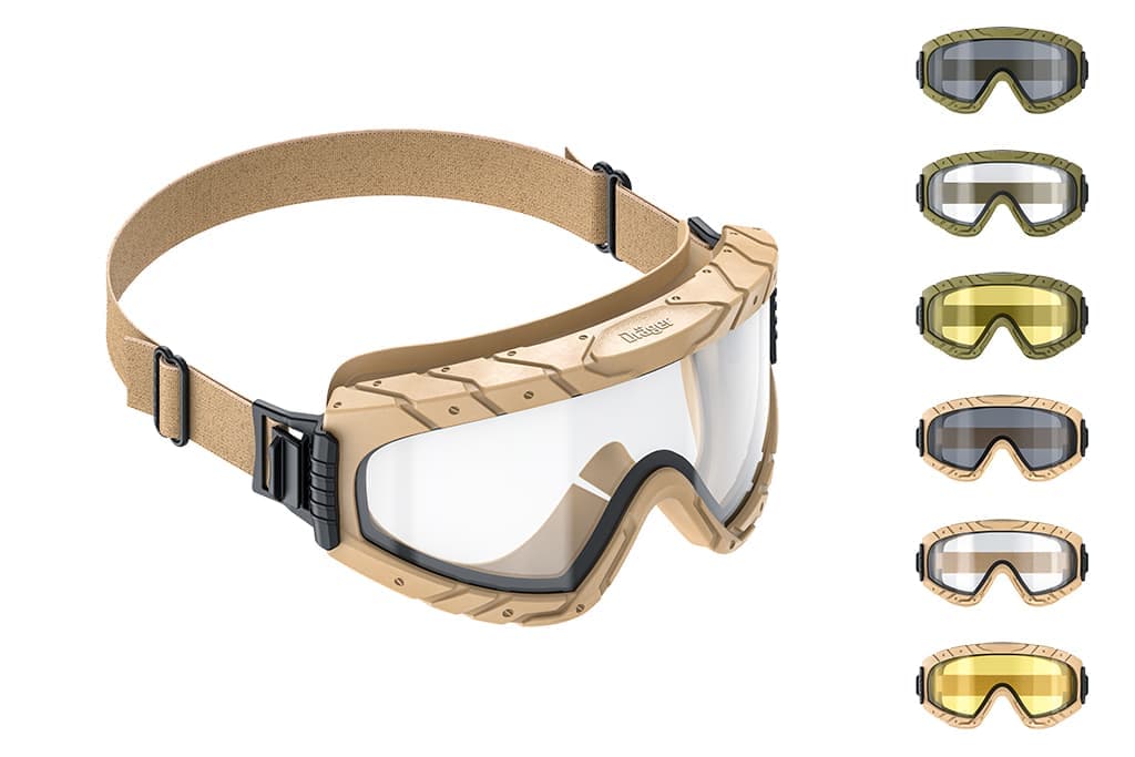 X-pect 4900: Goggles with sand or olive coloured visor frame, available with grey tinted, clear or yellow lenses.