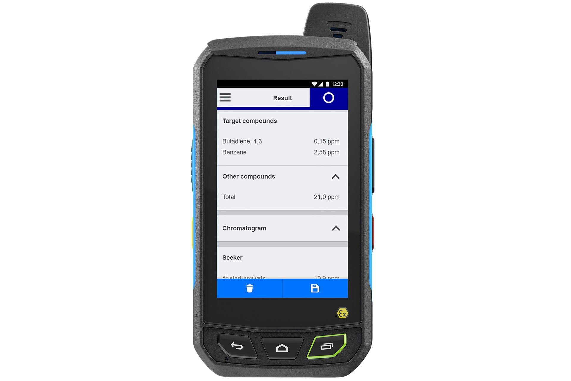 The measurement data processing is conducted by a mobile app installed on an explosion-proof smartphone.