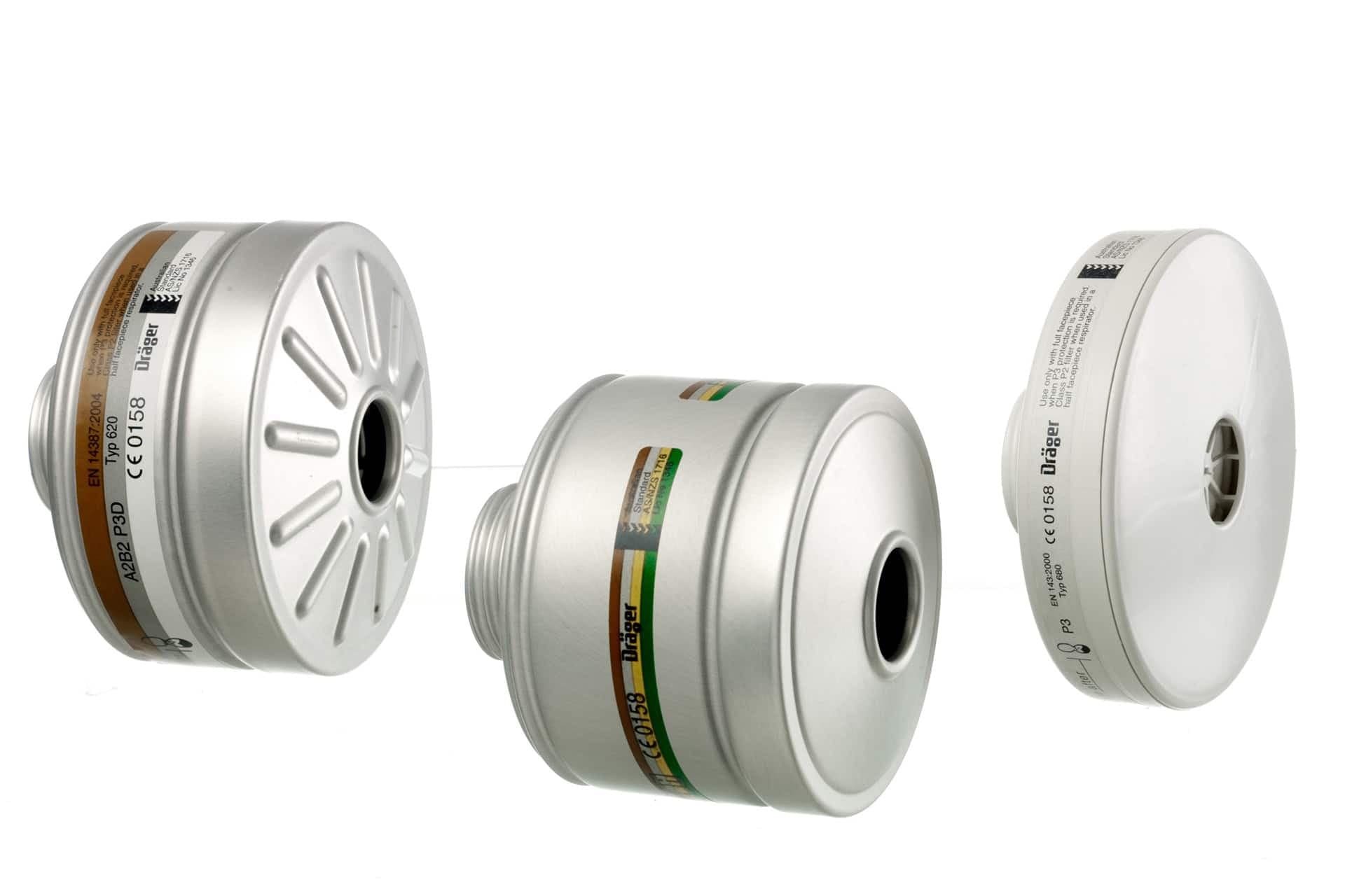 Dräger breathing filters with standard Rd40 thread connection, available as particle, gas and combination filter with different protection classes.